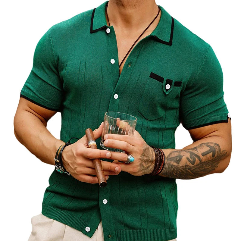 Summer-ready Men's Vintage Patchwork Knit Shirt - Stylish and Comfortable Slim-fit Top