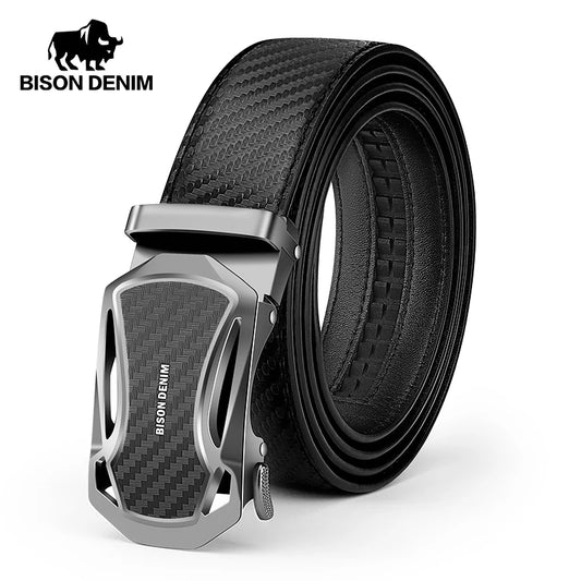 Carbon Fiber Pattern Luxury Black Leather Belt for Men - Premium Bison Denim Design