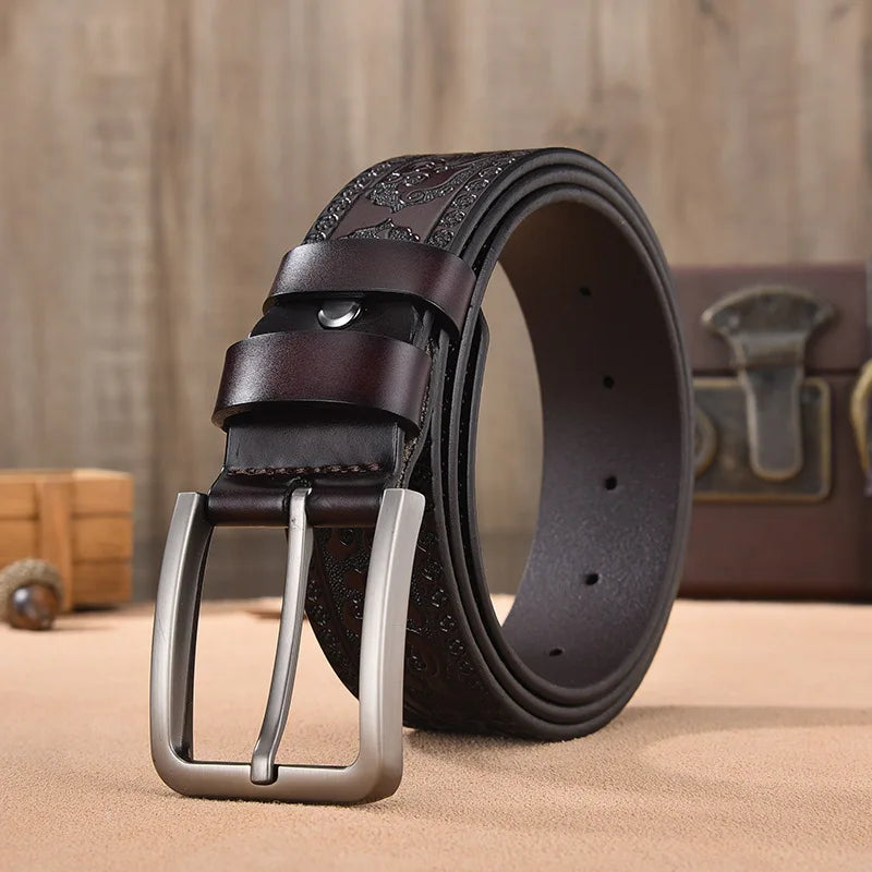 Floral Leather Belt: Black Vintage Design for Men - High Quality Embossed Cowskin Strap