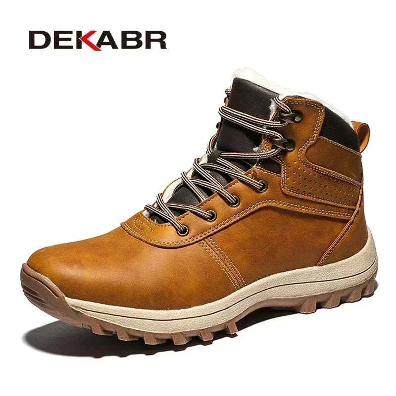 DEKABR genuine leather waterproof men's snow boots, high-top, fur-lined for warmth, ideal for winter and work.