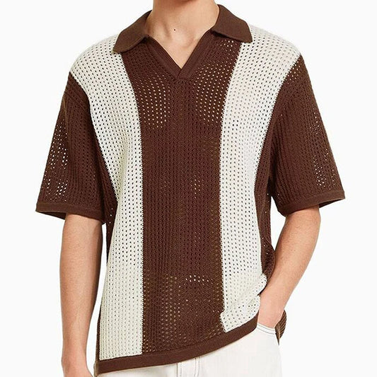 Vintage Striped Hollow Knit Polo Shirt for Men - Summer Casual Style