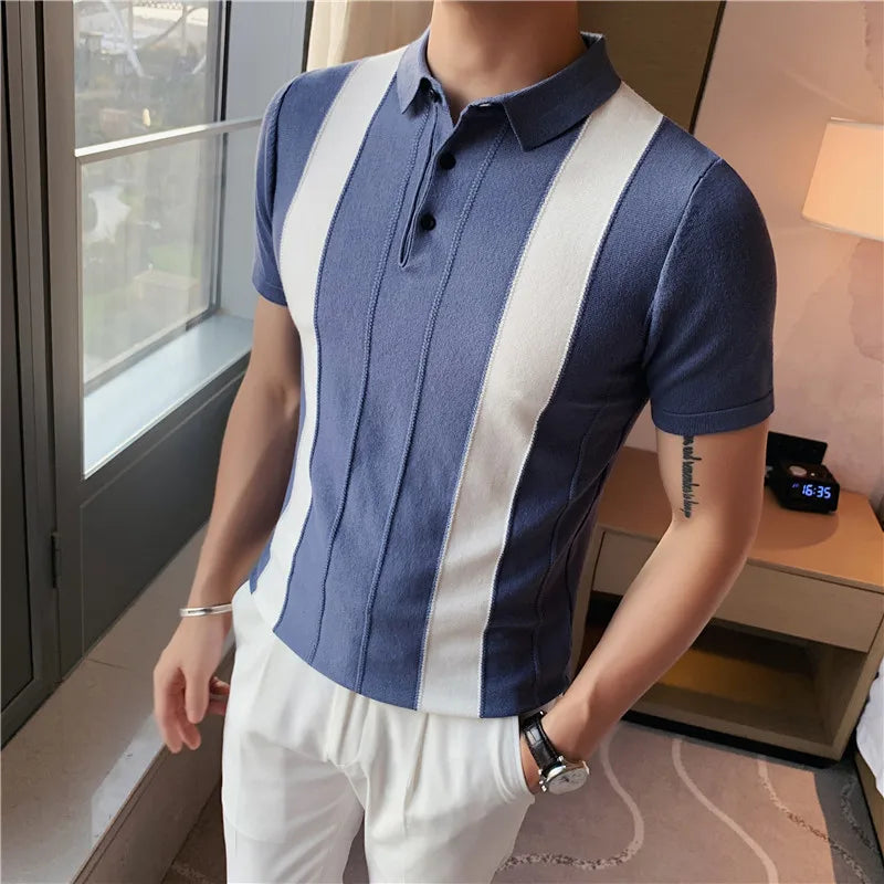 Vintage Charm Striped Patchwork Knit POLO Shirt - Men's Summer Fashion Slim Fit Casual Button Lapel Pullover