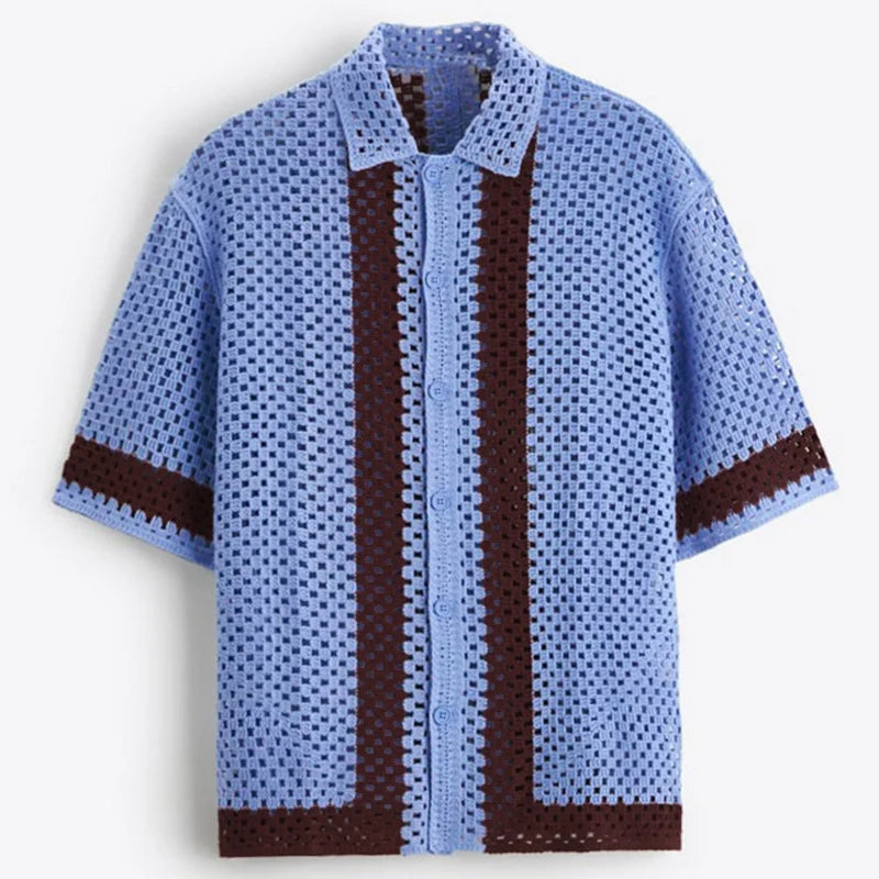 Summer Style Men's Vintage Patchwork Striped Knit Shirt with Hollow Out Design