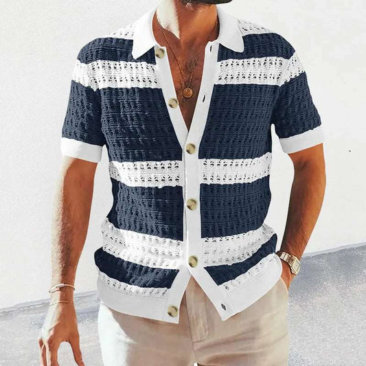 Casual Mens Knitted Shirts 2023 Spring Summer Loose Short Sleeve Buttoned Lapel Knit Cardigans Men Clothes Vintage Striped Shirt