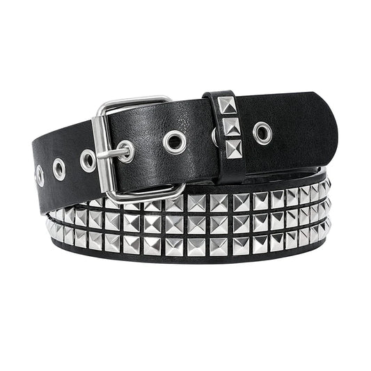 Studded Leather Belt with Punk Pyramid Square Buckle and Chain Detail