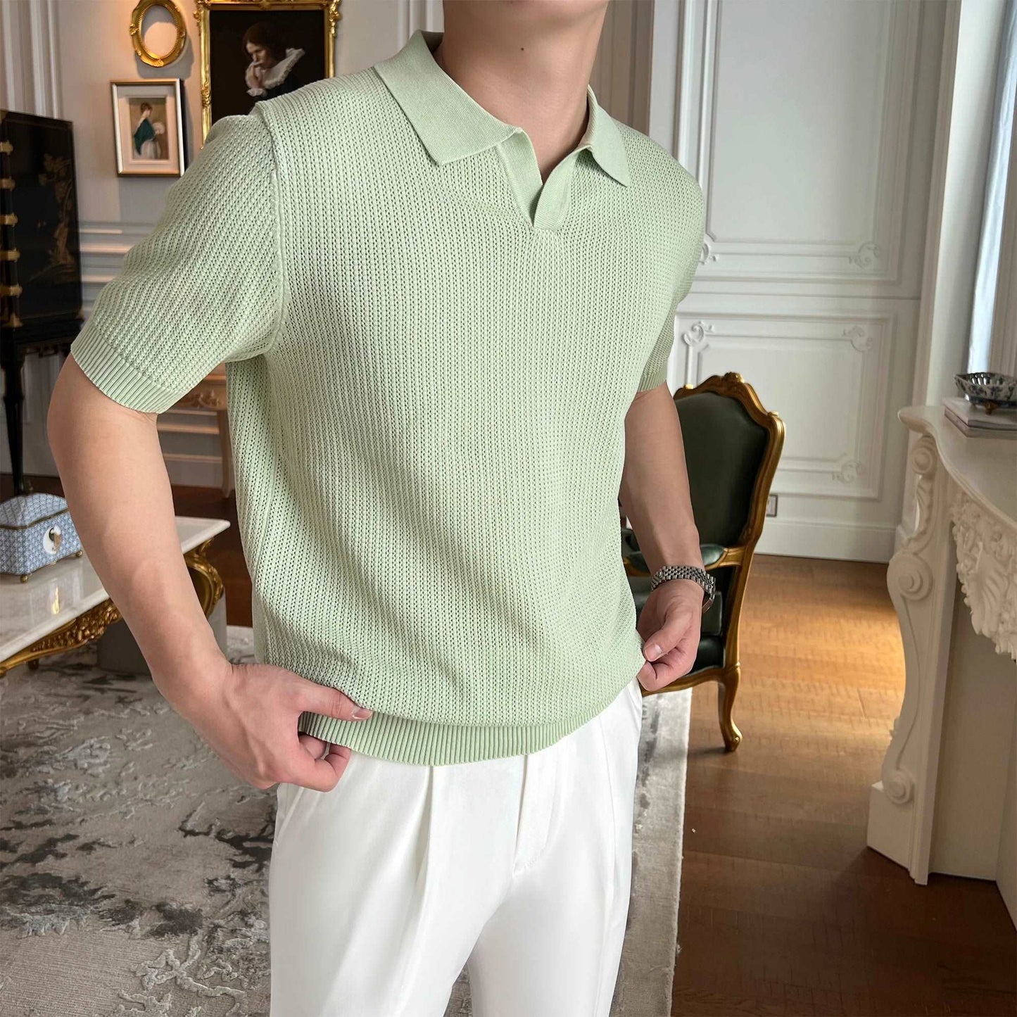 2024 Summer Men’s Clothing V-neck Knit Polo Shirt Male Solid Short Sleeve T-shirt Men Breathable Slim Business Casual Tops D625