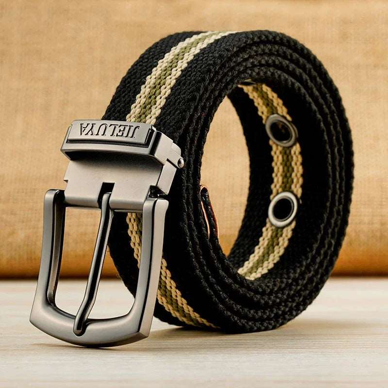 CEXIKA Stylish Canvas Military Belt with Striped Design and Durable Alloy Buckle - Unisex Outdoor Accessory for Fashionable Individuals
