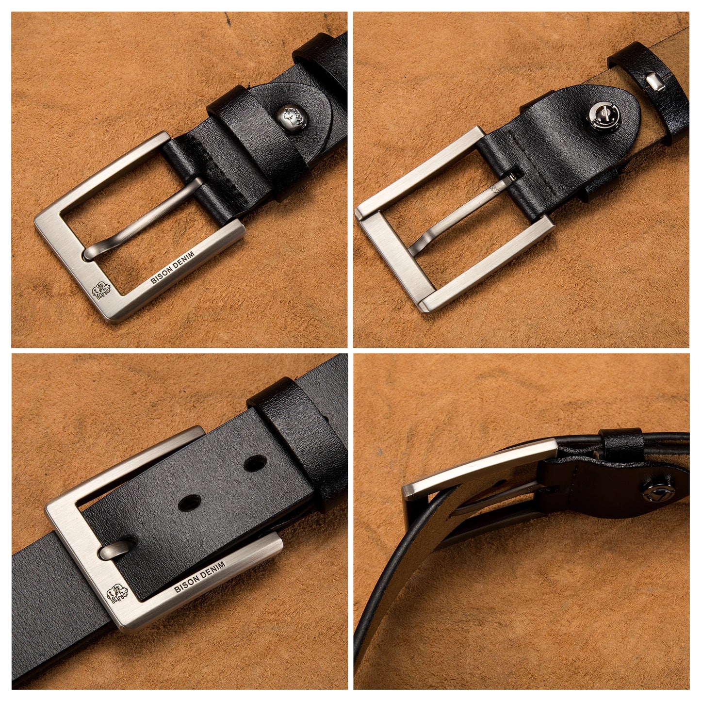 BISON DENIM Men's Vintage Style Luxury Leather Cowboy Belt with Pin Buckle