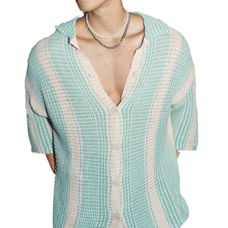 Vintage Hollow Out Striped Knit Men's Casual Shirt with Buttoned Lapel