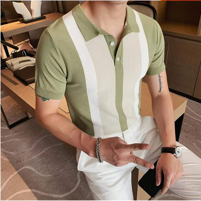 Elevate Your Summer Style: Trendy British Men's Striped Slim Fit POLO Shirt