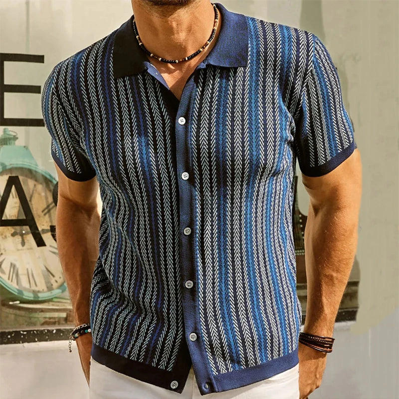 Retro Striped Jacquard Men's Knit Cardigan Shirt for Summer
