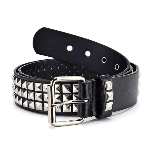 Studded Leather Belt with Punk Pyramid Square Buckle and Chain Detail
