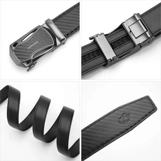 BISON DENIM New Design Carbon Fiber Men Belt Genuine Leather Cowskin Brand Luxury Black Men Strap Automatic Belt Best Men Gift