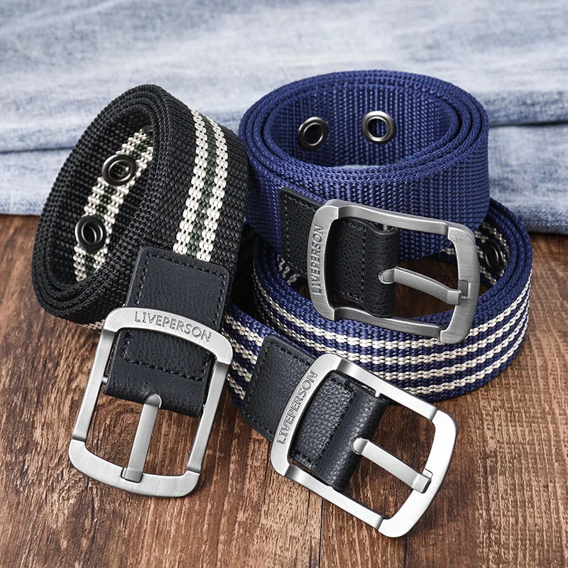Youth Canvas Striped Belt for Men and Boys - Stylish Stainless Steel Accent Belt