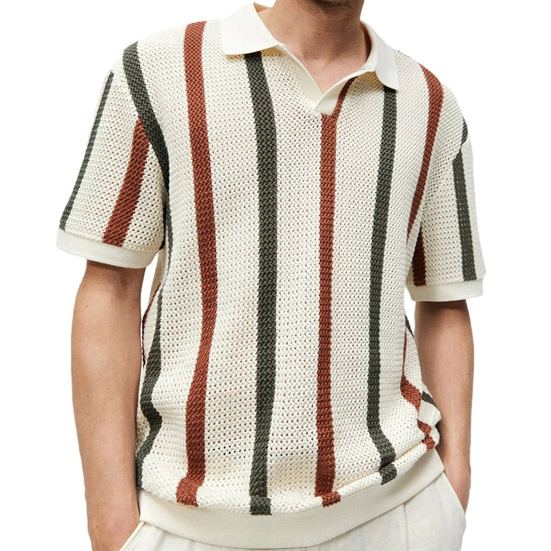 Vintage Striped Print Hollow Out Polo Shirt for Men - Summer Style Upgrade