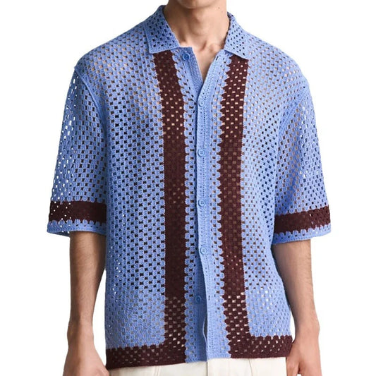 Summer Style Men's Vintage Patchwork Striped Knit Shirt with Hollow Out Design
