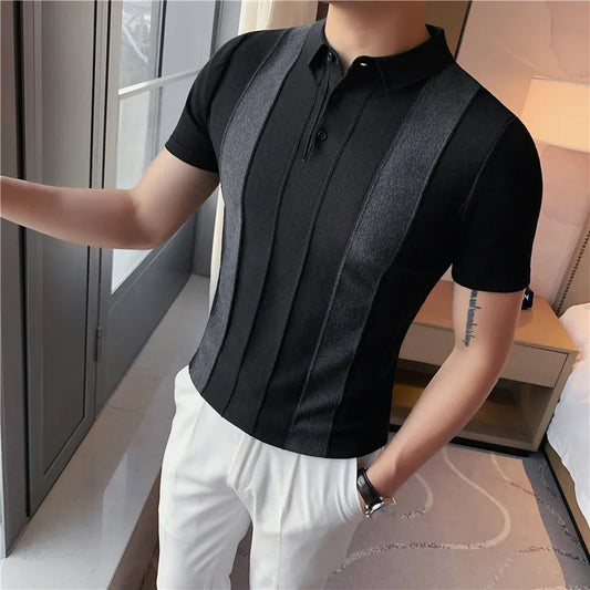 Vintage Charm Striped Patchwork Knit POLO Shirt - Men's Summer Fashion Slim Fit Casual Button Lapel Pullover