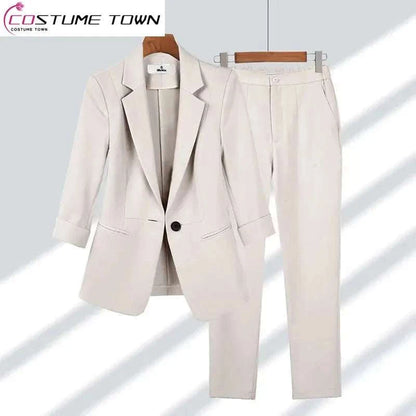 2023 Summer New Thin Jacket Blazer Casual Wide Leg Pants Two Piece EleSPECIFICATIONSBrand Name: WishworldPattern Type: SolidMaterial: POLYESTERAge: seniorStyle: Office LadyOrigin: Mainland ChinaCN: ZhejiangSeason: SummerElasticity: MedThin Jacket Blazer Casual Wide Leg PantsMENLL