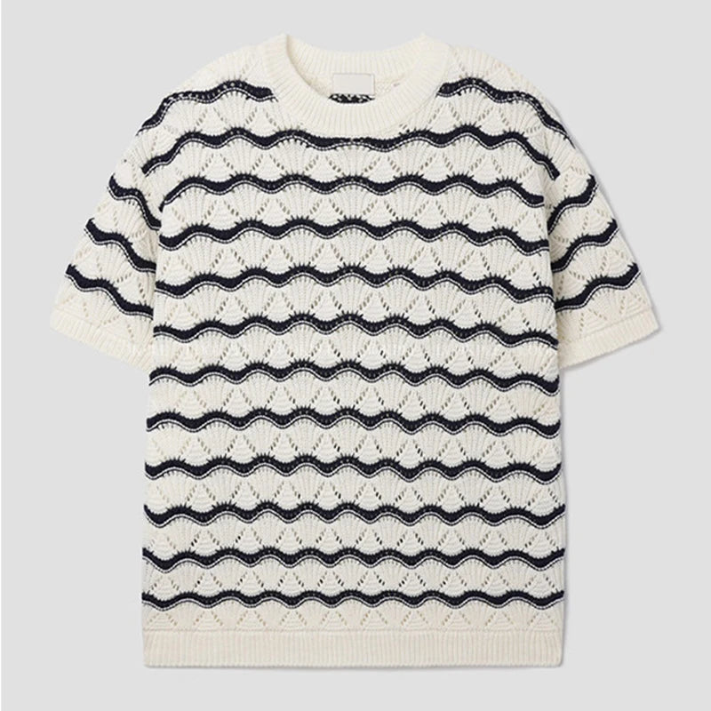 Vintage Wave Striped Jacquard Knit T-shirt - Men's Slim Fit Hollow Sleeve Top