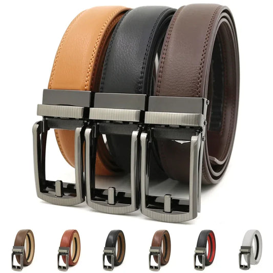 Adjustable Leather Ratchet Belt with Automatic Slide Buckle for Men - Elegant Business Dress Accessory