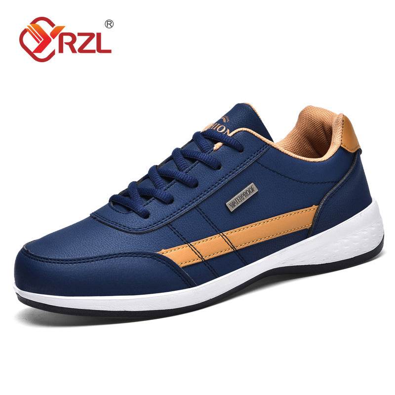 Waterproof men's leather sneakers with mixed color pattern and durable rubber outsole.