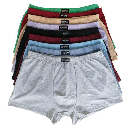 Men's cotton boxer shorts set in various colors and patterns for comfort and breathability.