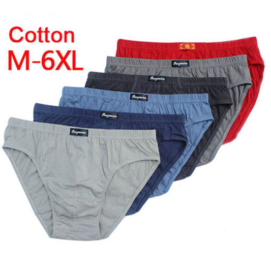 Plus size cotton men's briefs, available in assorted colors and patterns, sizes M-6XL, 100% cotton.