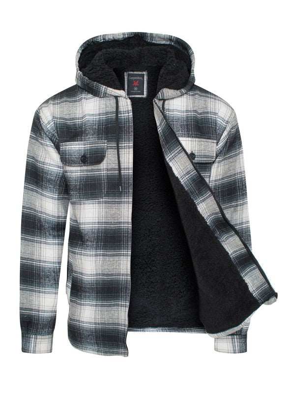 Men's flannel jacket with Sherpa lining, plaid design, hood, and zipper closure.