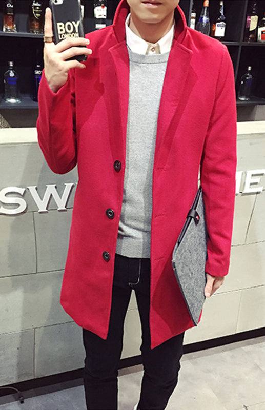 Men's long woolen coat in sleek design, red color, three-button closure, side pockets.