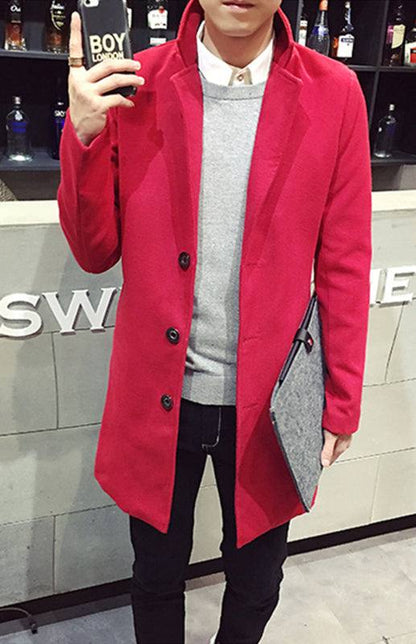 Men's long woolen coat in sleek design, red color, three-button closure, side pockets.