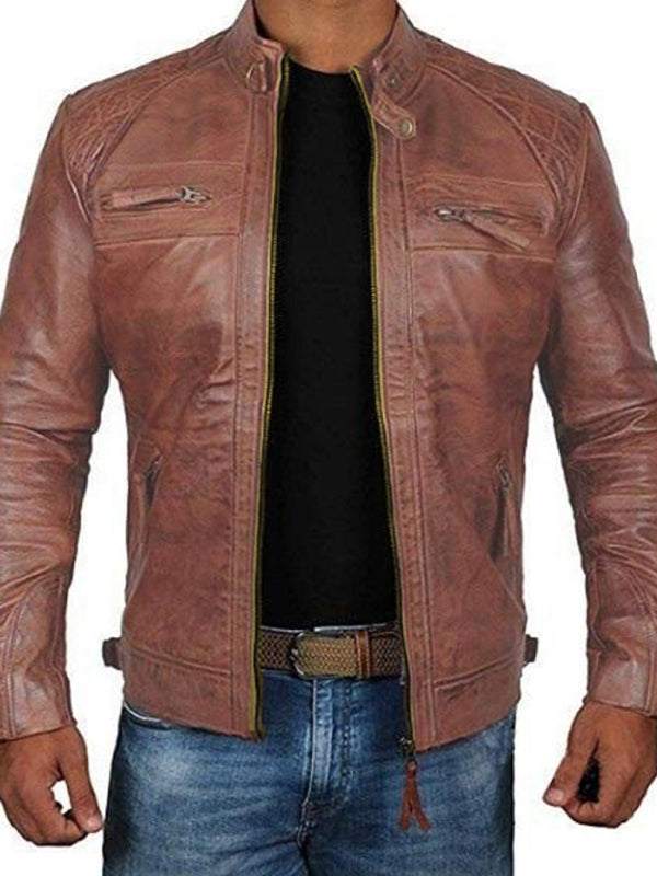 Classic men's polyester woven jacket with straight pockets and standing neck.