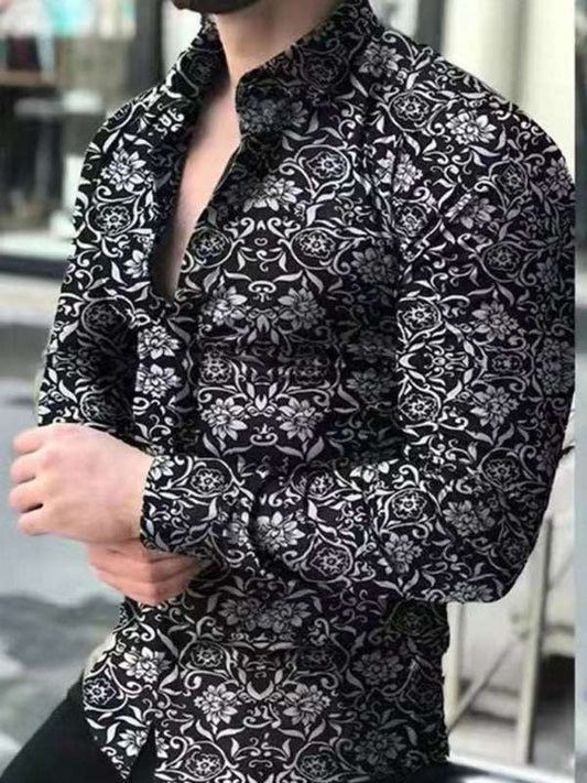 Men's floral print slim fit casual shirt with long sleeves and button-down front