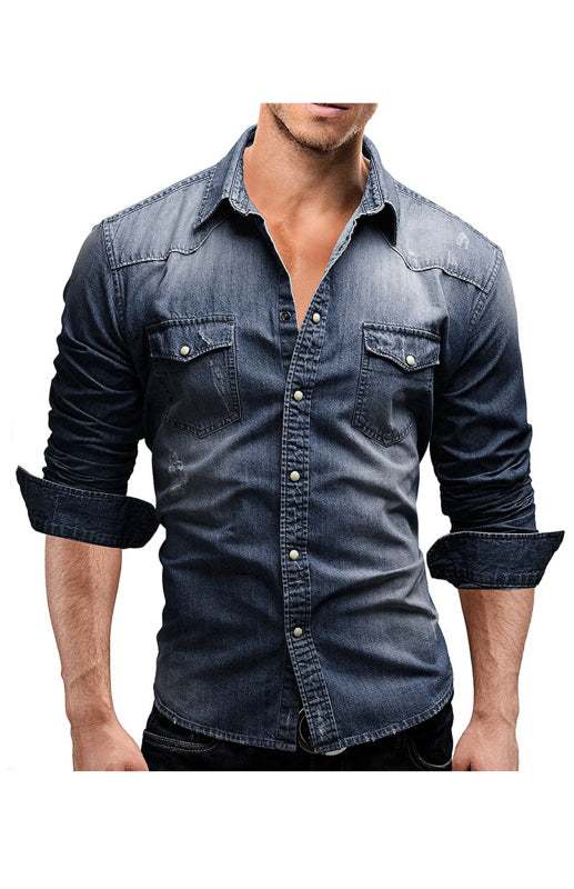 Spring-Summer polyester lapel collar solid men's shirt in denim style with flap pockets and long sleeves.