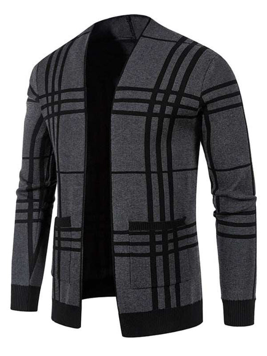 Men's casual plaid open front cardigan with long sleeves and lattice pattern.