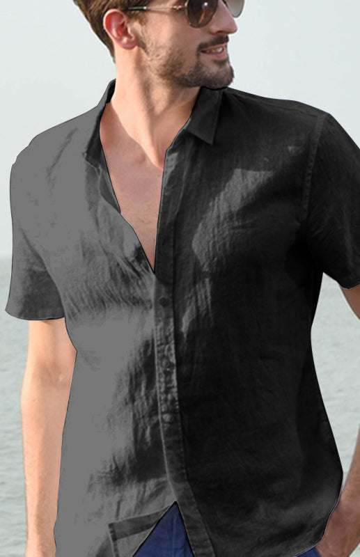 Men's casual linen short-sleeved shirt, solid black, with a button-up front and lapel collar.