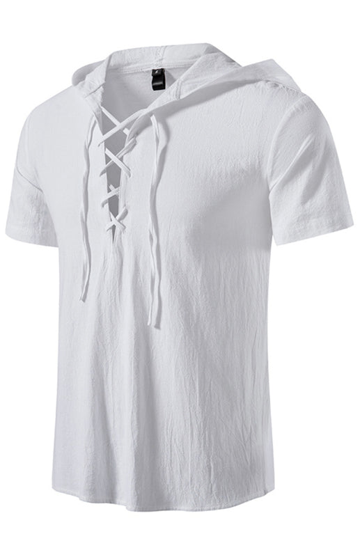 Spring/Summer Men's Solid Color Hooded Short Sleeve Tee with Cotton-Elastane Blend