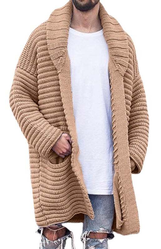 Men's mid-length knitted cardigan with lapel, long sleeves, and solid pattern.