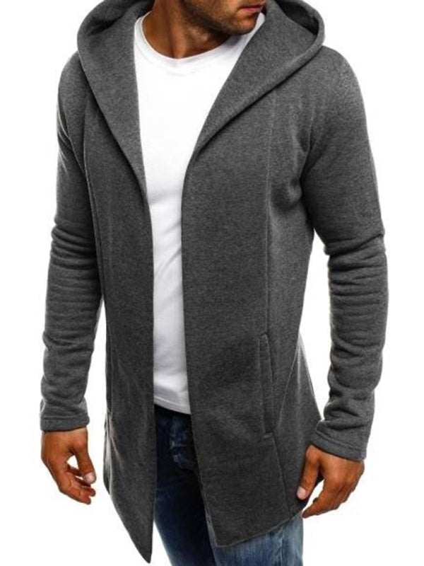 Men's hooded stitching solid color cardigan sweater, long sleeves, polyester-cotton blend.