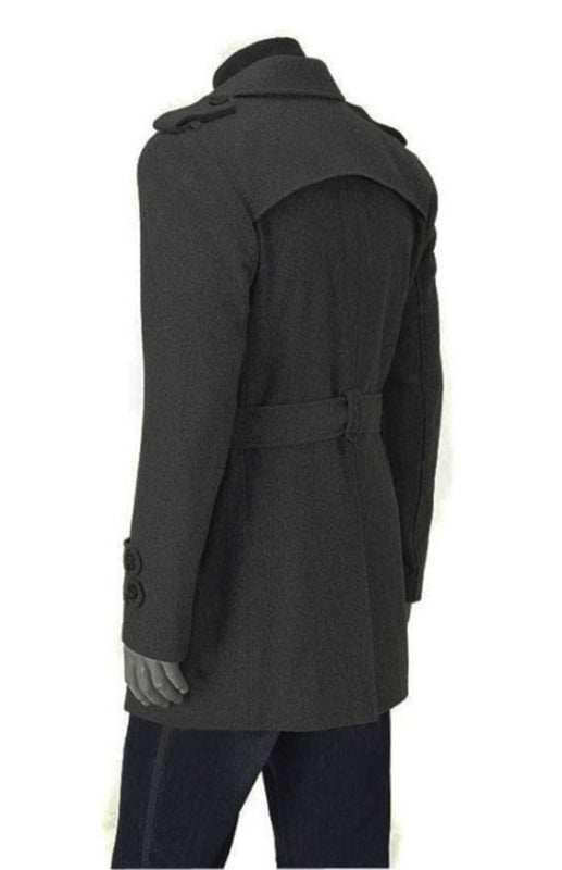 Men's classic solid woolen knit long sleeve coat with a stylish back view and belt design.