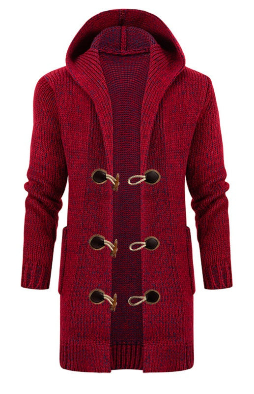 Stylish Men's Hooded Knit Cardigan with Horn Buckle - Perfect for Autumn-Winter Fashion