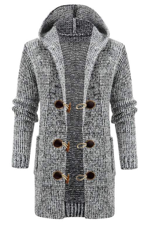 Stylish Men's Hooded Knit Cardigan with Horn Buckle - Perfect for Autumn-Winter Fashion