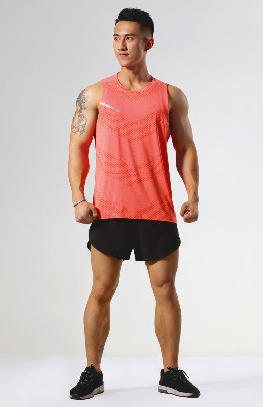 Men's casual loose sleeveless round neck vest in coral color, sports style, polyester knit fabric, spring-summer.