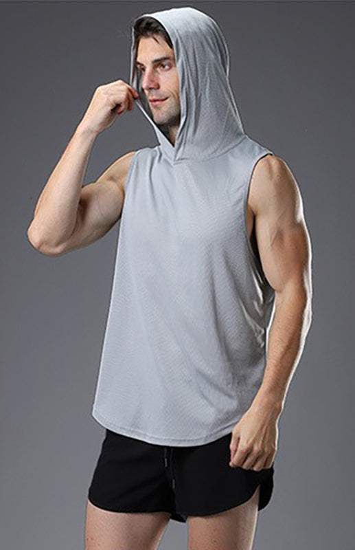 Men's hooded woven polyester sports vest, sleeveless, solid color, ideal for spring-summer workouts.