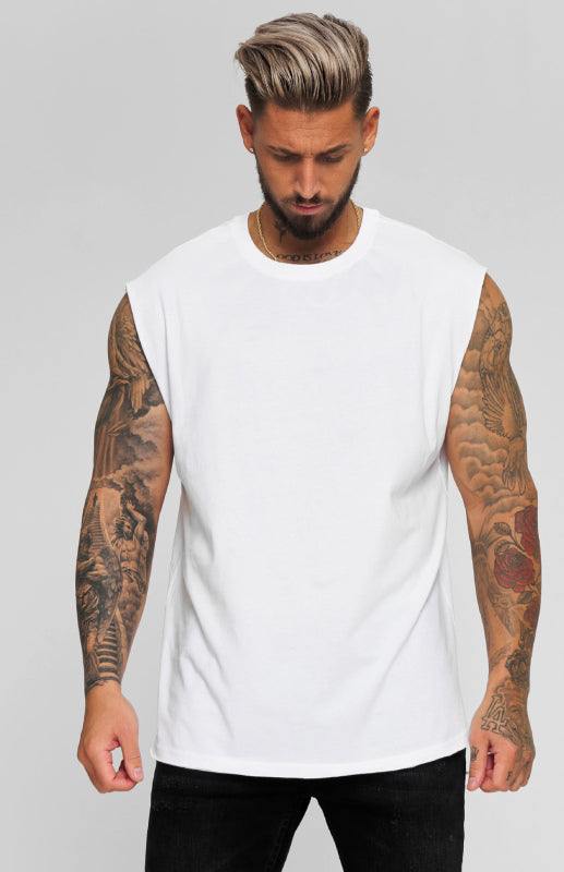 Men's casual summer loose sleeveless tank top, round neck, solid white, cotton blend.