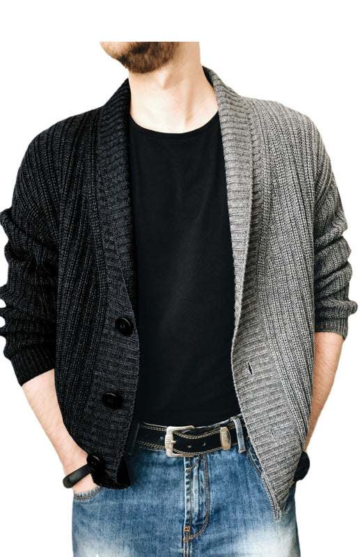 Men's two-tone patchwork single-breasted long sleeve sweater cardigan.