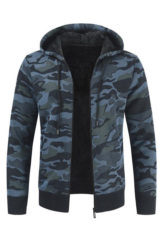 Men's camo hooded sweater cardigan, athleisure style, long sleeves, cotton blend.