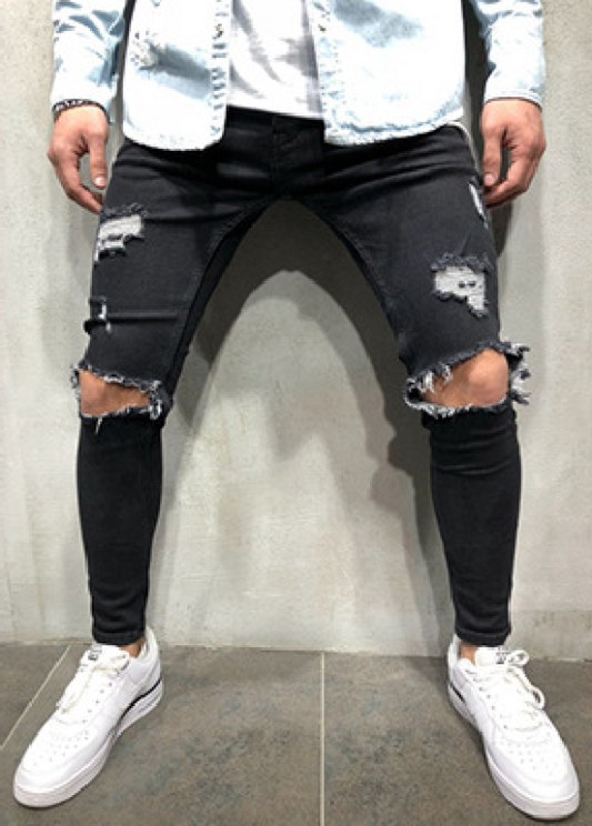 Men's solid denim jeans with slight elasticity, street style, four-season wear, distressed design.