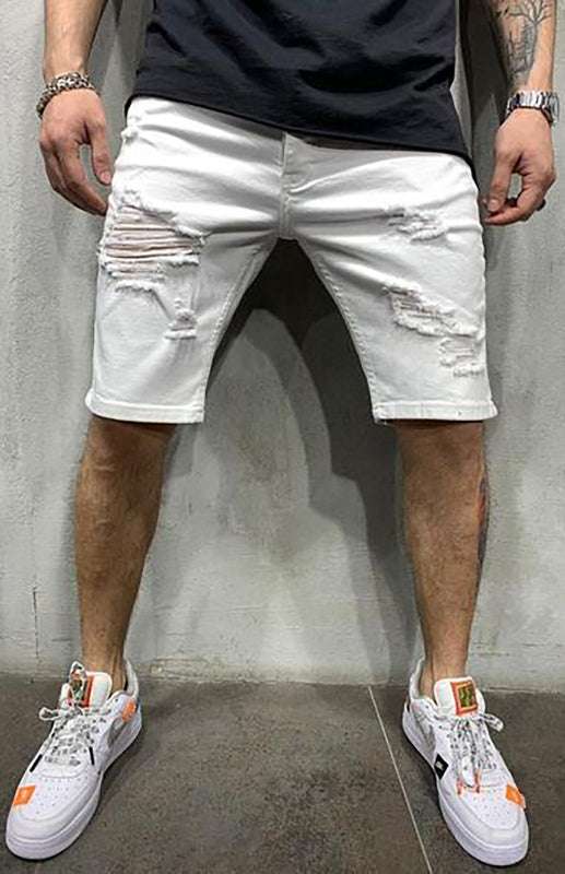 Men's fashion mid waist ripped slim short jeans, white, cotton blend, casual style.