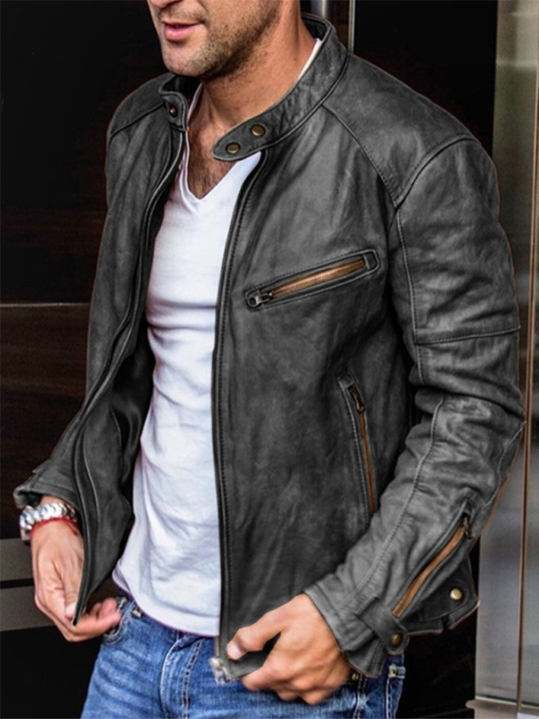 Men's PU leather jacket with stand collar and punk style.