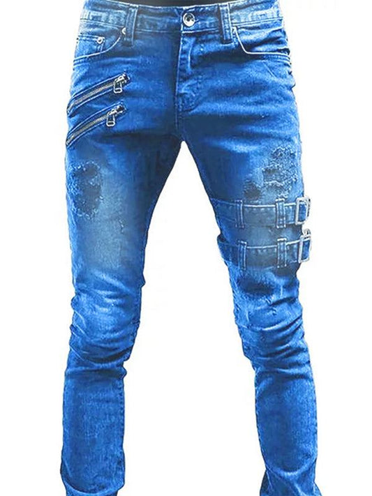 Classic men's cotton blend solid denim jeans with slant pockets, featuring a distressed effect and structured fit.